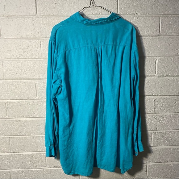 Chicos 3 Linen Vintage Button Up Long Shirt Blouse Longsleeve Turquoise Bright - Picture 2 of 8